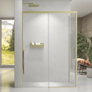 Mampara de ducha NOVUM rectangular 1 fijo - 1 puerta corredera + 1 fijo vidrio 6 mm.  transparente ACERO INOXIDABLE Oro mate