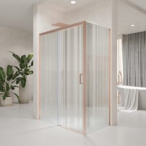 Mampara de ducha NOVUM rectangular 1 fijo - 1 puerta corredera + 1 fijo vidrio 6 mm.  vidrio acanalado ACERO INOXIDABLE Oro rosa