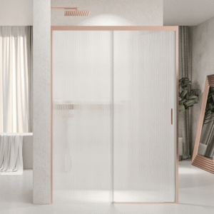 Mampara de ducha NOVUM rectangular 1 fijo - 1 puerta corredera + 1 fijo vidrio 6 mm.  vidrio acanalado ACERO INOXIDABLE Oro rosa