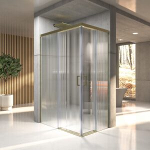 Mampara de ducha NOVUM rectangular 2 fijos - 2 puertas correderas vidrio 6 mm. Acanalado ACERO INOXIDABLE Oro mate