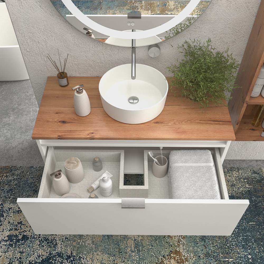 Mueble de baño suspendido 1 cajón SKIN BLANCO con lavabo porcelana OSIRIS BLANCO - Imagen 2