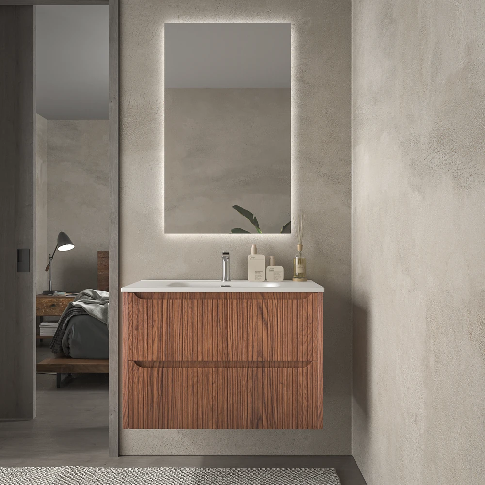 Mueble de baño suspendido 2 cajones TOSCANA con lavabo porcelana acabado squadratto ABEDUL