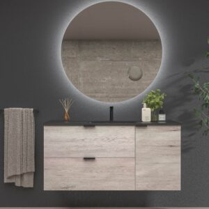 Mueble de baño suspendido 2 cajones / 1 puerta  VITO ROBLE MOZART  con lavabo porcelana NEGRO