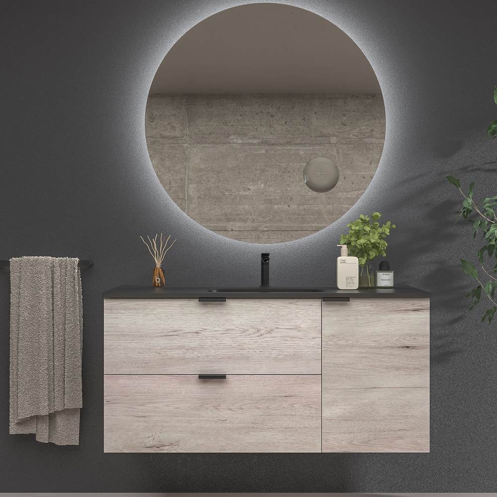 Mueble de baño suspendido 2 cajones / 1 puerta VITO ROBLE MOZART con lavabo porcelana NEGRO