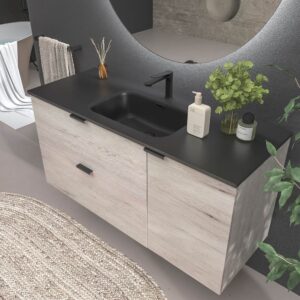 Mueble de baño suspendido 2 cajones / 1 puerta  VITO ROBLE MOZART  con lavabo porcelana NEGRO