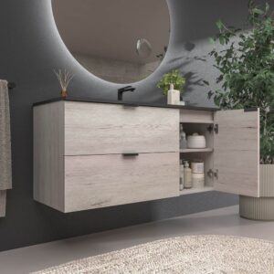 Mueble de baño suspendido 2 cajones / 1 puerta  VITO ROBLE MOZART  con lavabo porcelana NEGRO