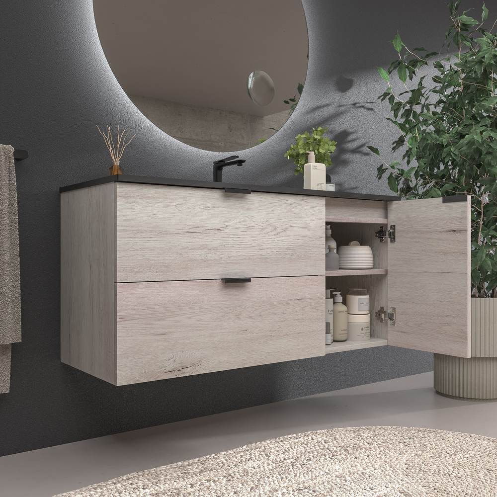 Mueble de baño suspendido 2 cajones / 1 puerta VITO ROBLE MOZART con lavabo porcelana NEGRO - Imagen 4