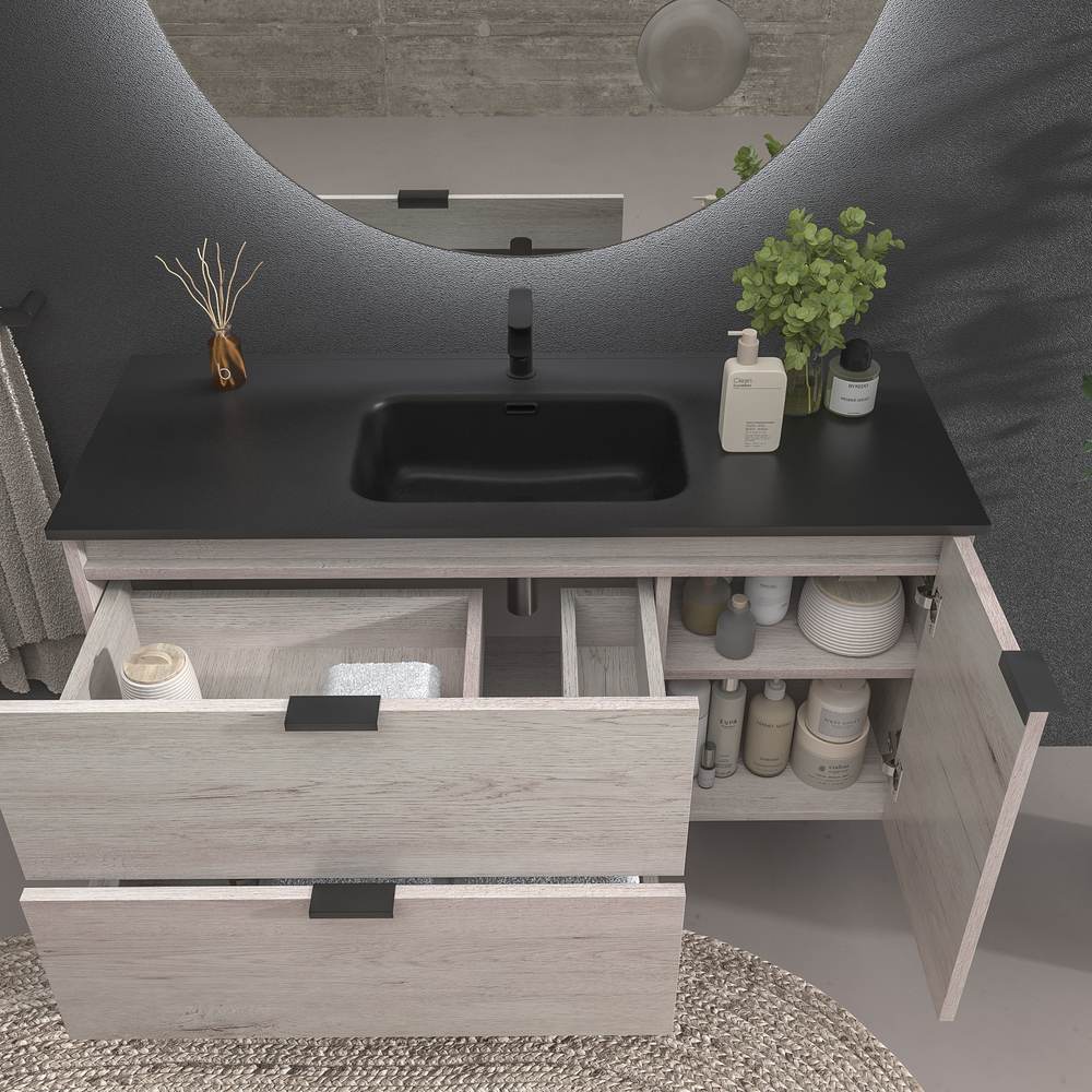 Mueble de baño suspendido 2 cajones / 1 puerta VITO ROBLE MOZART con lavabo porcelana NEGRO - Imagen 3