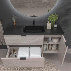 Mueble de baño suspendido 2 cajones / 1 puerta  VITO ROBLE MOZART  con lavabo porcelana NEGRO