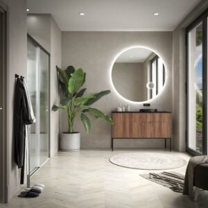 Mueble de baño FLEX con patas 2 cajones/1puerta acabado CASTAÑO con lavabo semiencastrado Solid Surface NEGRO