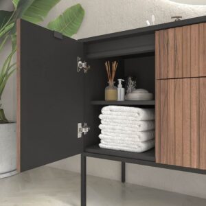 Mueble de baño FLEX con patas 2 cajones/1puerta acabado CASTAÑO con lavabo semiencastrado Solid Surface NEGRO