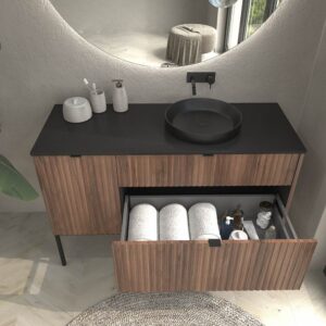 Mueble de baño FLEX con patas 2 cajones/1puerta acabado CASTAÑO con lavabo semiencastrado Solid Surface NEGRO