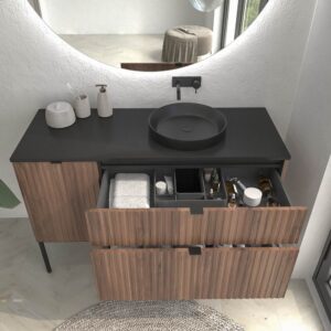 Mueble de baño FLEX con patas 2 cajones/1puerta acabado CASTAÑO con lavabo semiencastrado Solid Surface NEGRO