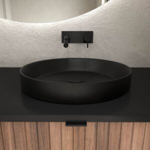 Mueble de baño FLEX con patas 2 cajones/1puerta acabado CASTAÑO con lavabo semiencastrado Solid Surface NEGRO