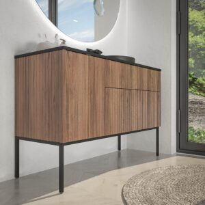 Mueble de baño FLEX con patas 2 cajones/1puerta acabado CASTAÑO con lavabo semiencastrado Solid Surface NEGRO