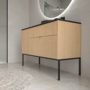 Mueble de baño FLEX con patas 2 cajones/1puerta acabado ROBLE CLARO con lavabo semiencastrado Solid Surface NEGRO