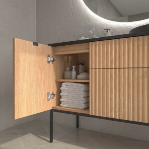 Mueble de baño FLEX con patas 2 cajones/1puerta acabado ROBLE CLARO con lavabo semiencastrado Solid Surface NEGRO