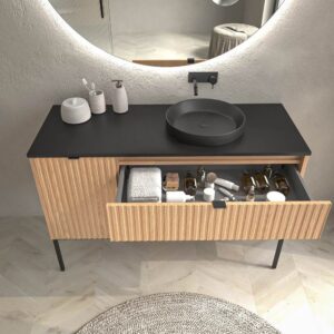Mueble de baño FLEX con patas 2 cajones/1puerta acabado ROBLE CLARO con lavabo semiencastrado Solid Surface NEGRO
