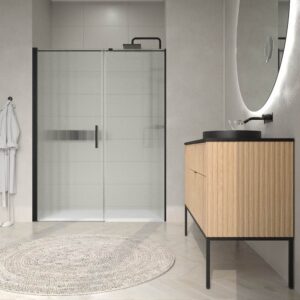 Mueble de baño FLEX con patas 2 cajones/1puerta acabado ROBLE CLARO con lavabo semiencastrado Solid Surface NEGRO