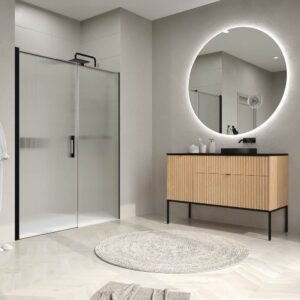 Mueble de baño FLEX con patas 2 cajones/1puerta acabado ROBLE CLARO con lavabo semiencastrado Solid Surface NEGRO