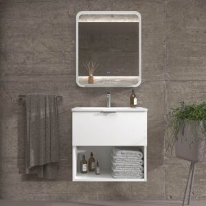Mueble de baño suspendido 1 cajón- 1 hueco MIREIA  BLANCO  con lavabo porcelana BLANCO