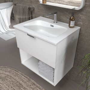 Mueble de baño suspendido 1 cajón- 1 hueco MIREIA  BLANCO  con lavabo porcelana BLANCO