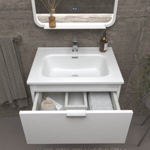 Mueble de baño suspendido 1 cajón- 1 hueco MIREIA  BLANCO  con lavabo porcelana BLANCO