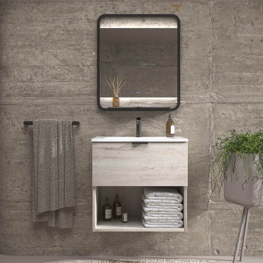Mueble de baño suspendido 1 cajón- 1 hueco MIREIA ROBLE MOZART con lavabo porcelana BLANCO
