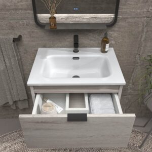 Mueble de baño suspendido 1 cajón- 1 hueco MIREIA  ROBLE MOZART  con lavabo porcelana BLANCO