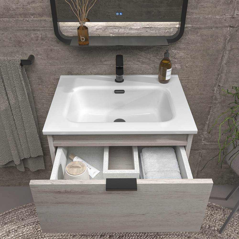 Mueble de baño suspendido 1 cajón- 1 hueco MIREIA ROBLE MOZART con lavabo porcelana BLANCO - Imagen 3