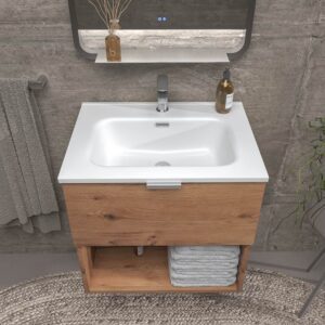 Mueble de baño suspendido 1 cajón- 1 hueco MIREIA  MOHAVE  con lavabo porcelana BLANCO