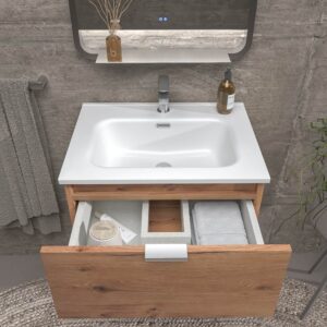 Mueble de baño suspendido 1 cajón- 1 hueco MIREIA  MOHAVE  con lavabo porcelana BLANCO