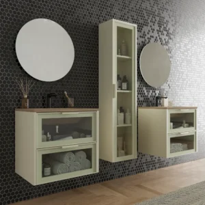 Mueble de baño suspendido 2 cajones frente cristal BETA  con lavabo Solid Surface CREMA