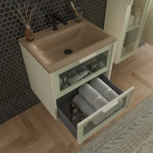 Mueble de baño suspendido 2 cajones frente cristal BETA  con lavabo Solid Surface CREMA