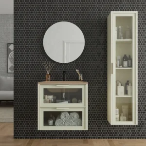 Mueble de baño suspendido 2 cajones frente cristal BETA  con lavabo Solid Surface CREMA