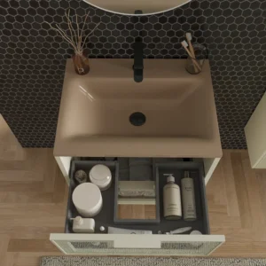 Mueble de baño suspendido 2 cajones frente cristal BETA  con lavabo Solid Surface CREMA
