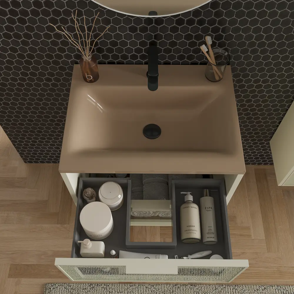 Mueble de baño suspendido 2 cajones frente cristal BETA con lavabo Solid Surface CREMA - Imagen 4