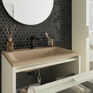 Mueble de baño suspendido 2 cajones frente cristal BETA  con lavabo Solid Surface CREMA