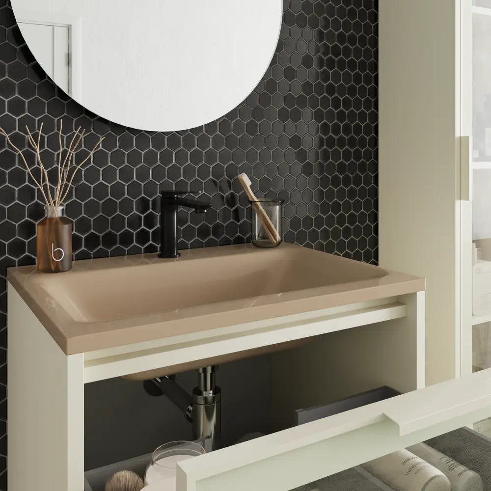 Mueble de baño suspendido 2 cajones frente cristal BETA con lavabo Solid Surface CREMA - Imagen 3