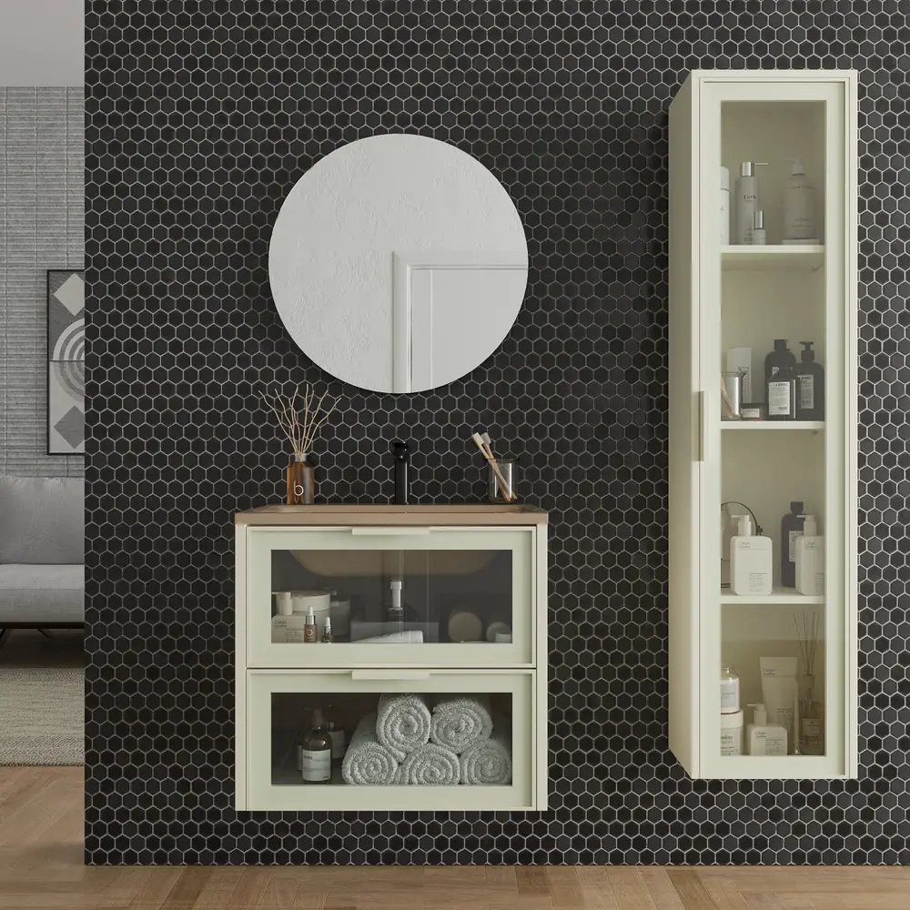 Mueble de baño suspendido 2 cajones frente cristal BETA con lavabo Solid Surface CREMA