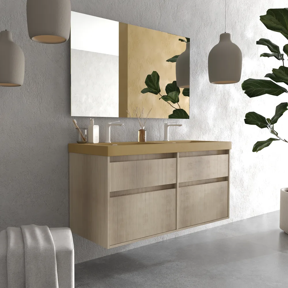 Mueble de baño suspendido 4 cajones YOKO Alcatraz con lavabo resina Marrón pardo - Imagen 4