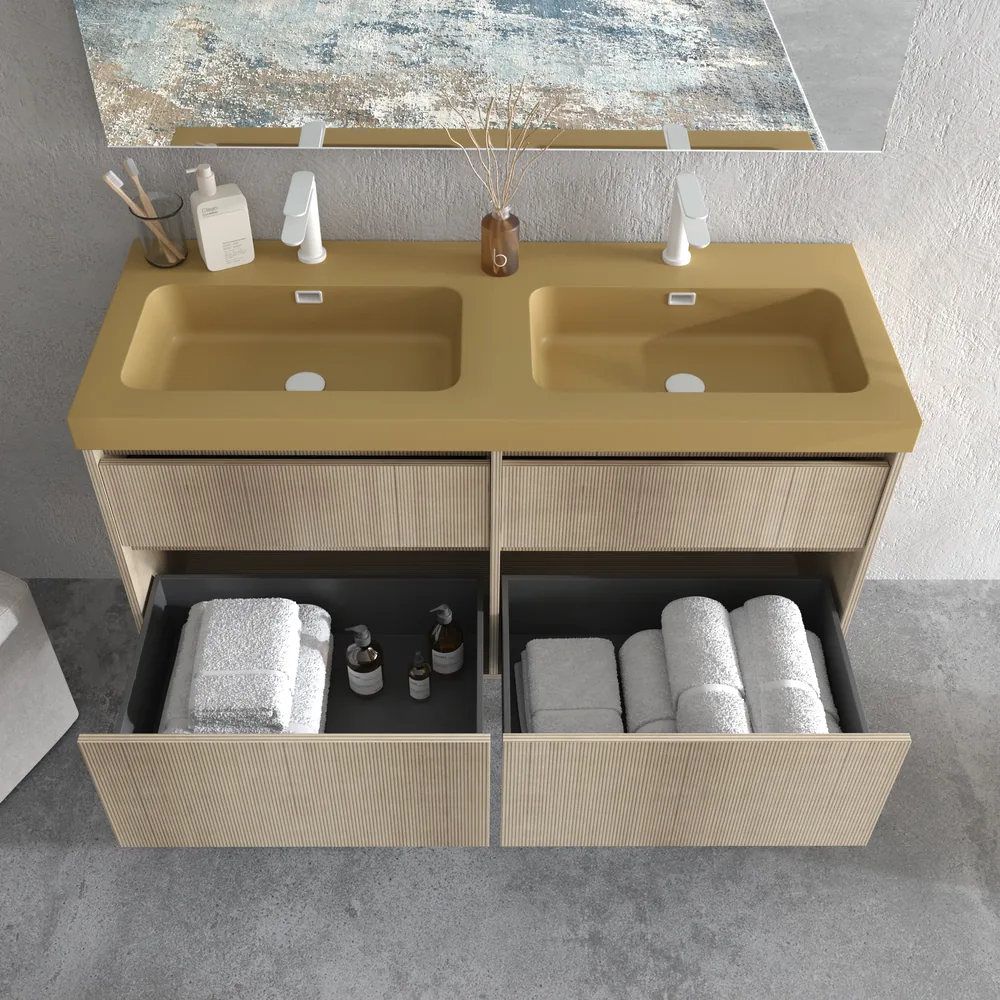Mueble de baño suspendido 4 cajones YOKO Alcatraz con lavabo resina Marrón pardo - Imagen 3