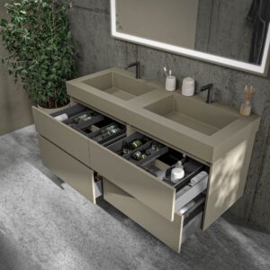 Mueble de baño DUNE suspendido 4 cajones con encimera SOLID SURFACE 2 senos Gris Pálido