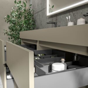 Mueble de baño DUNE suspendido 4 cajones con encimera SOLID SURFACE 2 senos Gris Pálido