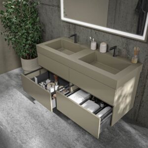 Mueble de baño DUNE suspendido 4 cajones con encimera SOLID SURFACE 2 senos Gris Pálido