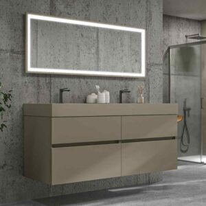 Mueble de baño DUNE suspendido 4 cajones con encimera SOLID SURFACE 2 senos Gris Pálido
