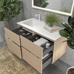 Mueble de baño DUNE suspendido 4 cajones con encimera SOLID SURFACE 2 senos Moka