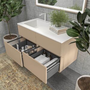 Mueble de baño DUNE suspendido 4 cajones con encimera SOLID SURFACE 2 senos Moka