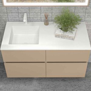 Mueble de baño DUNE suspendido 4 cajones con encimera SOLID SURFACE 2 senos Moka