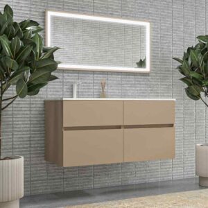 Mueble de baño DUNE suspendido 4 cajones con encimera SOLID SURFACE 2 senos Moka